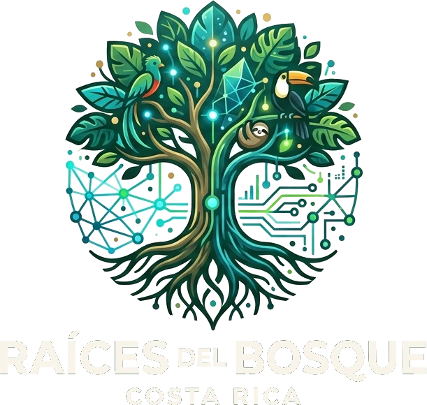 Raíces del Bosque logo, white wordmark on forest green
