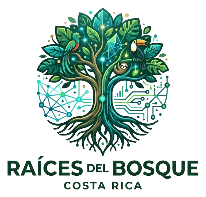 Raíces del Bosque, Costa Rica. A tree whose roots turn into circuit lines, with a quetzal, a toucan, and a sloth in the canopy.