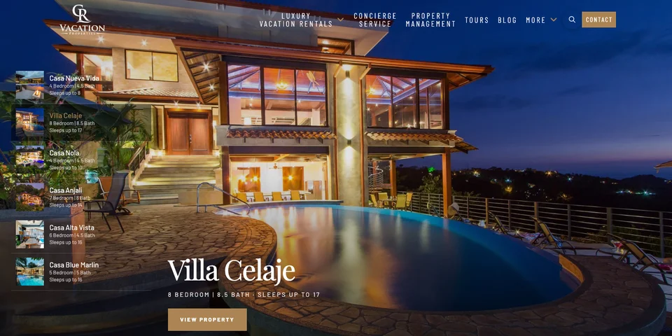 CR Vacation Properties homepage showing Villa Celaje at dusk