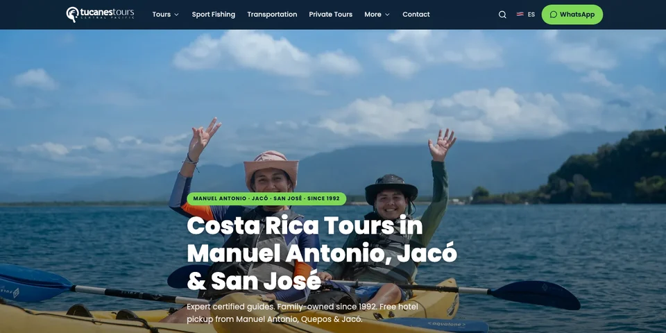 Tucanes Tours homepage with guests waving from a boat