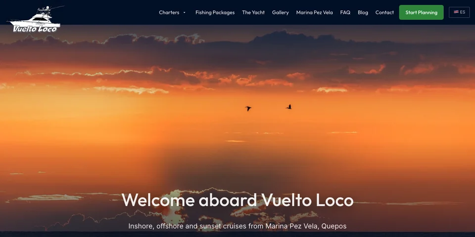 Vuelto Loco Charters homepage, welcome aboard headline over the ocean
